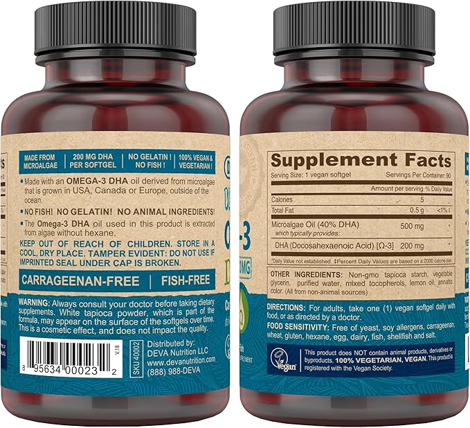 DEVA Vegan Omega-3 DHA Supplement, Once-Per-Day Softgel 200 MG, Carrageenan Free, Gelatin Free, Non-Fish, Algae Oil, Omega-3 Fatty Acids - 90 Softgels (Pack of 2)