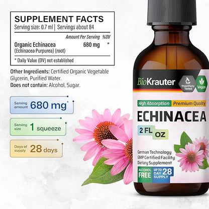 BIO KRAUTER Echinacea Tincture - Natural Immune Support - Echinacea Supplement - Vegan, Alcohol & Sugar Free Drops - 2 Fl.Oz.