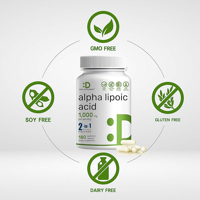 Alpha Lipoic Acid 1,000mg, 180 Veggie Capsules – 50/50 R-ALA & S-ALA for Max Bioavailability – Antioxidant Supplement – Energy & Nervous System Support – Non-GMO
