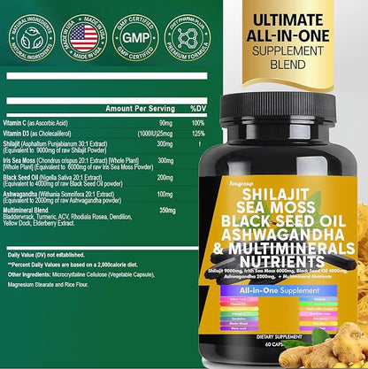 Shilajit 9000mg Sea Moss 6000mg Black Seed Oil 4000mg Ashwagandha 2000mg Burdock 1000mg & Vitamin C & D3 with Elderberry rhodiola rosea Dandelion Yellow Dock Turmeric ACV
