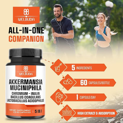 5in1 Akkermansia Probiotic Capsules for Increases GLP-1 - Contains Inulin, Bacillus Coagulans, Lactobacillus Acidophilus and Chromium - 60 Capsules for 60 Days