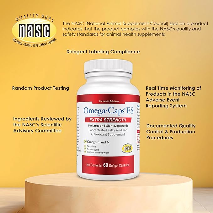 Omega-Caps Extra Strength for Large Breeds-Vet Formulated for Healthy Radiant Skin & Coat While Reducing Excess Shedding. Contains Omega 3 for Immune System Support, Easy to Dose, 60 Soft Gel Capsules