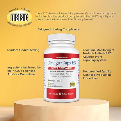 Omega-Caps Extra Strength for Large Breeds-Vet Formulated for Healthy Radiant Skin & Coat While Reducing Excess Shedding. Contains Omega 3 for Immune System Support, Easy to Dose, 60 Soft Gel Capsules