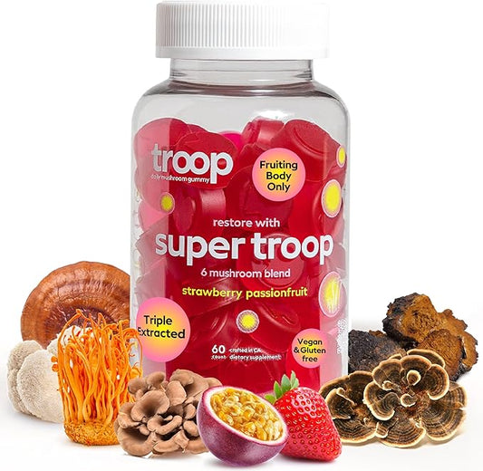 Troop Daily Super 6 Blend Mushroom Gummies for Adults and Children - Immunity, Vitality, Mood, Balance, Gut Health, Energy Supplement with Triple Extracted Fruit Body Blend - Vegan, 60 Count