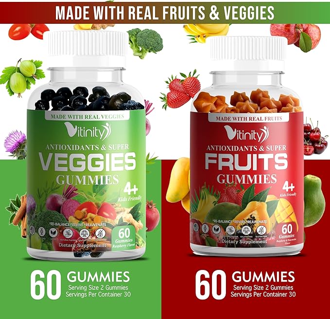 Made with Real Fruit-Real Veggie Gummies-Superfood Vegetable Vitamin Supplement for Women,Men,Kids-Blend of Fruit and Greens for Daily Health.Fruits and Vegetables Supplements (30-Day Supply)