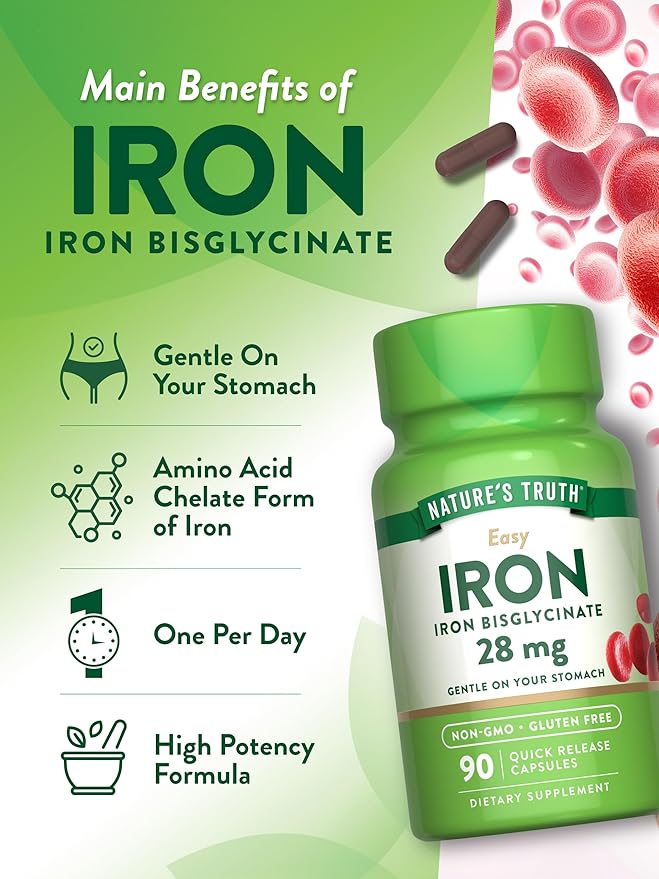 Nature's Truth Easy Iron Supplement 28 mg | 90 Capsules | Iron Bisglycinate | Non-GMO, Gluten Free