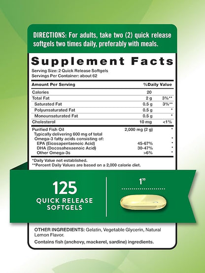Nature's Truth Omega 3 Fish Oil 2000 mg | 125 Liquid Softgels | Burpless, Lemon Flavor Pills | Non-GMO and Gluten Free Supplement