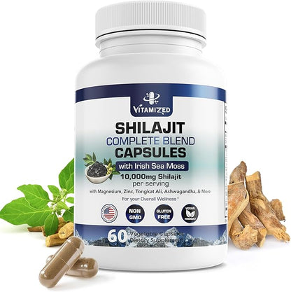 Pure Himalayan Shilajit for Men & Women - Boost Stamina, Athleticism, Support Metabolism & Energy | 10,000mg Shilajit Ashwagandha Supplements + Irish Sea Moss, Tongkat Ali, PQQ & More - 60 Capsules