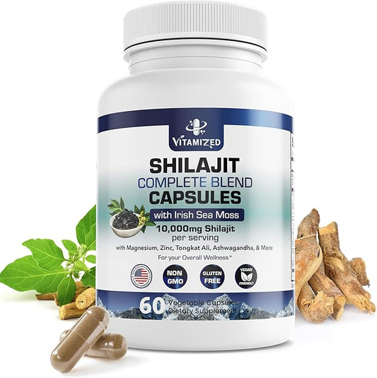 Pure Himalayan Shilajit for Men & Women - Boost Stamina, Athleticism, Support Metabolism & Energy | 10,000mg Shilajit Ashwagandha Supplements + Irish Sea Moss, Tongkat Ali, PQQ & More - 60 Capsules