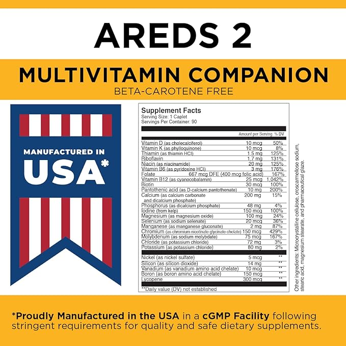 Viteyes Classic AREDS 2 Companion Beta-Carotene Free Multivitamin Supplement, Comprehensive Multivitamin Formula for AREDS 2 Users, 90 Caplets