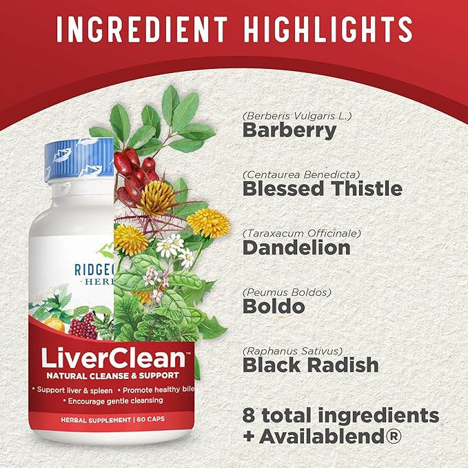 Ridgecrest Herbals LiverClean, Herbal Liver Support Supplement, Blessed Thistle, Dandelion, Detox, Cleanse Support, Healthy Bile (60 Caps, 30 Serv)