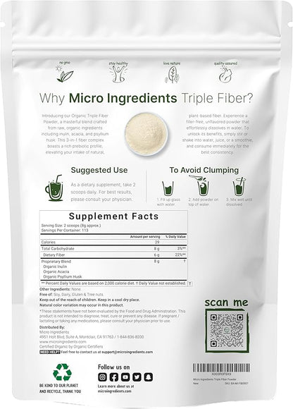 Organic Fiber Supplement (Inulin, Acacia, Psyllium Husk), 2 Pounds, 3-in-1 Formula, Daily Soluble Fiber, Unflavored, Prebiotics Supplement for Digestive Health, Hunger Control, Vegan