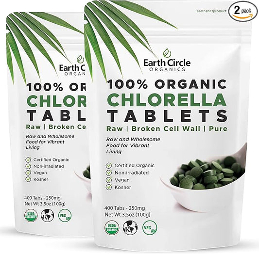 Organic Chlorella Tablets 400 Count | High Potency Superfood | Chlorophyll Pills from 100% Pure Green Algae | Broken Cell Wall for Maximum Absorption | Vegan, Kosher, Non-GMO | 4 Tabs per Day (2-Pack)