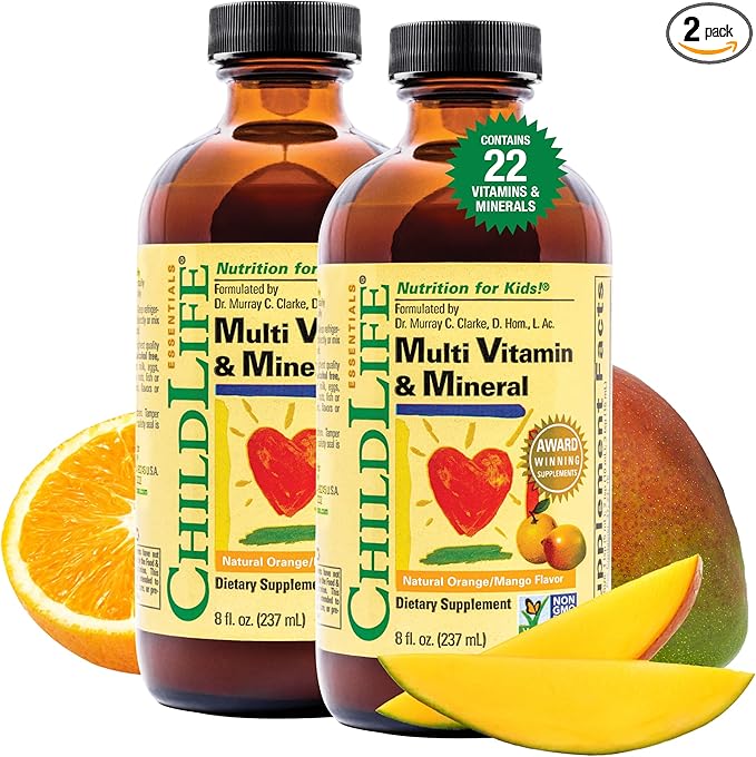 CHILDLIFE ESSENTIALS Kids Multivitamin & Mineral - Kids Vitamins, Liquid Multivitamin for Kids, Toddler Multivitamins, Liquid Vitamins, Baby Multivitamin - Natural Orange & Mango, 8 Fl Oz (Pack of 2)