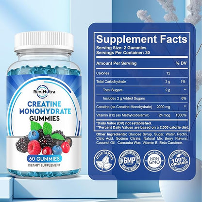 Creatine Monohydrate Gummies for Men & Women, Chewables Creatine Monohydrate with Vitamin B12 for Muscle Growth & Recovery-Vegan, Mixed Berry Flavor, 60 Gummies