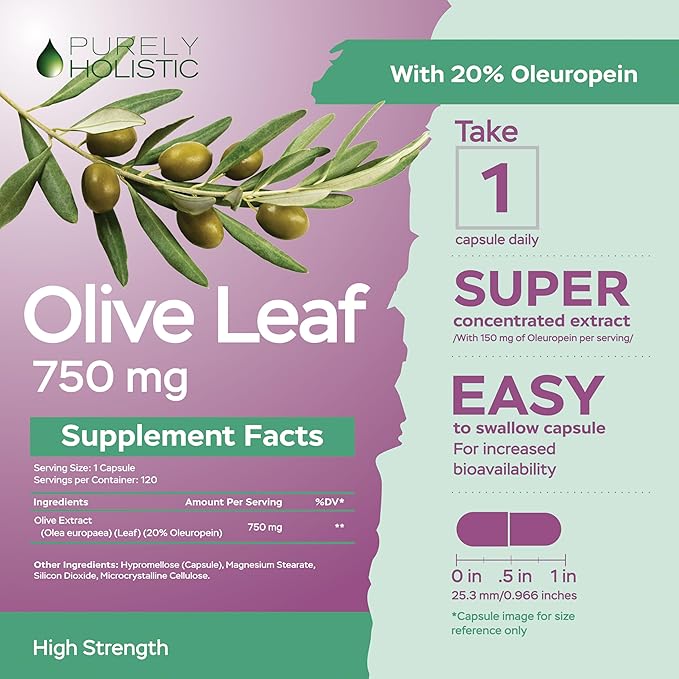 Purely Holistic Olive Leaf Extract 750mg Non-GMO Maximum Strength - 120 Vegan Capsules - 20% Oleuropein - 4 Month Supply - Support Supplement