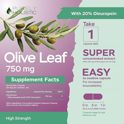 Purely Holistic Olive Leaf Extract 750mg Non-GMO Maximum Strength - 120 Vegan Capsules - 20% Oleuropein - 4 Month Supply - Support Supplement