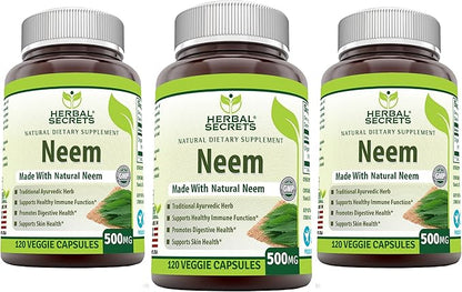 Herbal Secrets Neem Supplement (Non-GMO) Promotes Blood Purification, Promotes Healthy Immunity and Promotes Health Skin* (500mg Veggie Capsules, 120 Count (3 Pack))