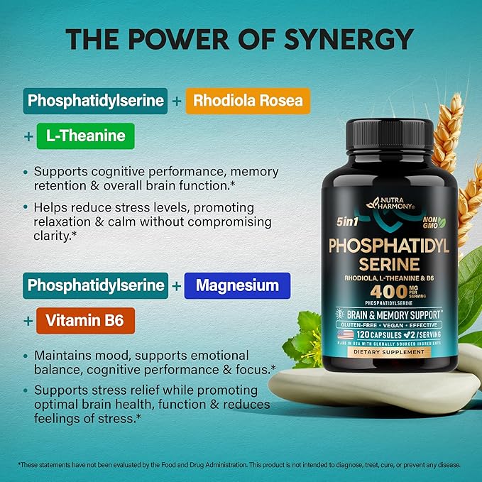 Phosphatidylserine 400 mg with L-Theanine, Magnesium & Vitamin B6, Rhodiola Rosea - Brain, Memory & Focus Support - Certified NON-GMO, Naturally Derived & Bioavailable - Made in USA - 120 Сapsules