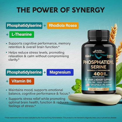 Phosphatidylserine 400 mg with L-Theanine, Magnesium & Vitamin B6, Rhodiola Rosea - Brain, Memory & Focus Support - Certified NON-GMO, Naturally Derived & Bioavailable - Made in USA - 120 Сapsules