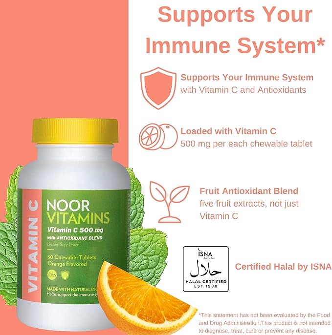 Noor Vitamins 500 MG Halal Vitamin C Chewable Tablets + Rose HIPS and Antioxidants I Supports Immune System I Vegan, Gluten Free & Halal Vitamin 60 Orange Flavored Chewable Tablets I 2 Month Supply