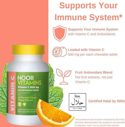 Noor Vitamins 500 MG Halal Vitamin C Chewable Tablets + Rose HIPS and Antioxidants I Supports Immune System I Vegan, Gluten Free & Halal Vitamin 60 Orange Flavored Chewable Tablets I 2 Month Supply