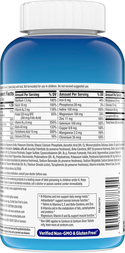 Centrum Multivitamin for Men, Multivitamin/Multimineral Supplement with Vitamin D3, B Vitamins and Antioxidants, Gluten Free, Non-GMO Ingredients - 250 Count