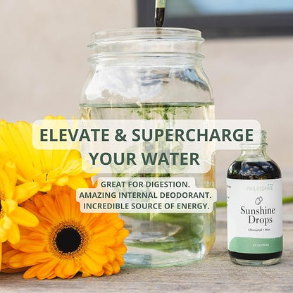 Philosophie Liquid Chlorophyll Sunshine Drops for Water | Organic Chlorophyll Drops with Mint for Detox, Internal Deodorant & Energy Boost | Natural Vegan Supplement, Non-GMO, 2oz