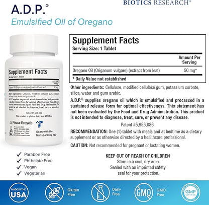 Biotics Research A.D.P.- Emulsified Oil of Oregano -Patented Formula, Wild Oregano Oil 50mg/S- Highly Concentrated Carvacrol - Sustained Release for High Absorption, GI Health –120 Tablets