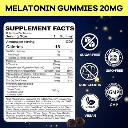 Melatonin 20mg Gummies for Women Men: Sugar Free Melatonin Supplement Extra Strength with Ashwagandha L-Theanine Magnesium Turmeric Vitamin D3 & B6 &B12 - Non-Habit Forming(120Count)