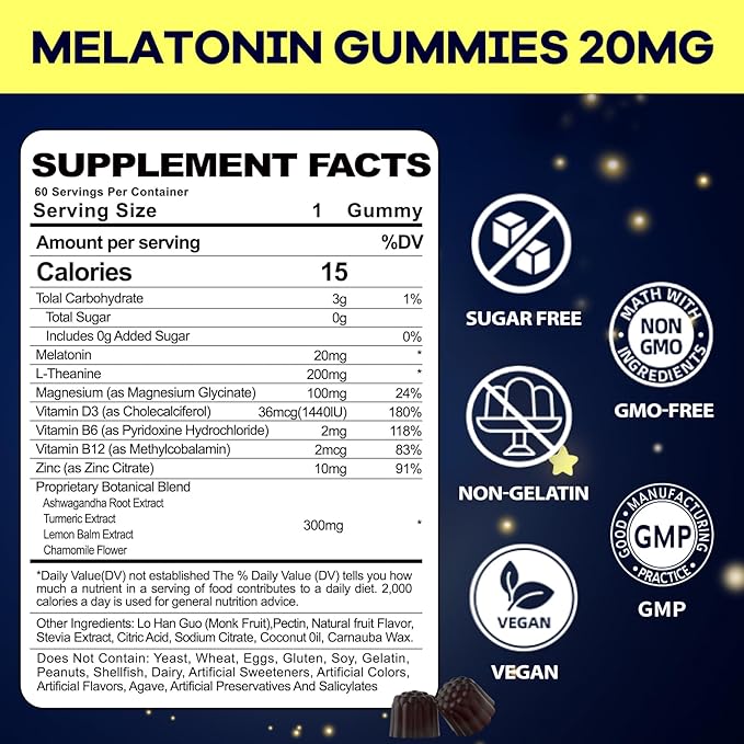 Melatonin 20mg Gummies for Women Men: Sugar Free Melatonin Supplement Extra Strength with Ashwagandha L-Theanine Magnesium Turmeric Vitamin D3 & B6 &B12 - Non-Habit Forming(60Count)