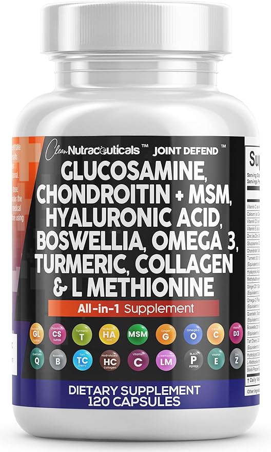 Clean Nutraceuticals Glucosamine Chondroitin MSM 1500mg with Turmeric Curcumin, Collagen, Hyaluronic Acid, Omega 3 – Joint Health Supplement for Men & Women – Joint Complex – 120 Count