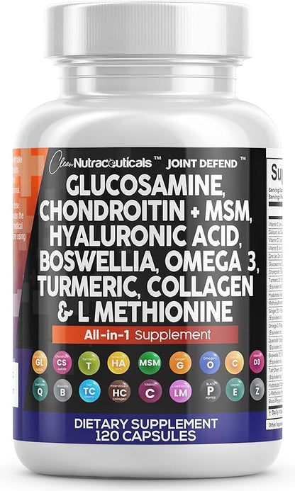 Clean Nutraceuticals Glucosamine Chondroitin MSM 1500mg with Turmeric Curcumin, Collagen, Hyaluronic Acid, Omega 3 – Joint Health Supplement for Men & Women – Joint Complex – 120 Count