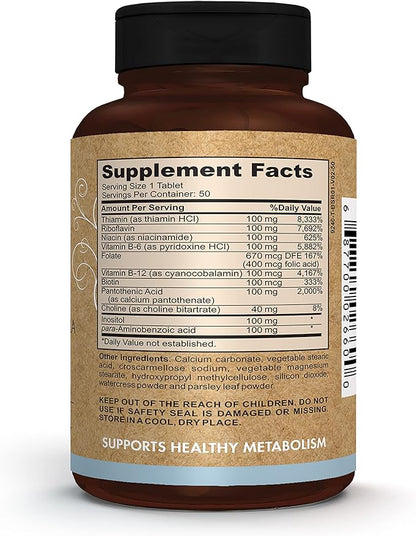 Pomona Wellness Vitamin B Complex Supplement with Folic Acid, High Potency Multivitamin, All 10 B Vitamins Including B12, Supports Energy Levels, Heart Health, Non-GMO, 50 Tablets