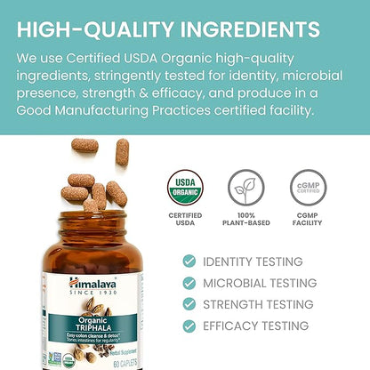 Himalaya Organic Triphala Herbal Supplement for Colon Cleansing, Supports Regularity, Occasional Bloating, Waste Elimination, USDA Organic, Non-GMO, Vegan, 688 mg, 30 Plant-Based Caplets