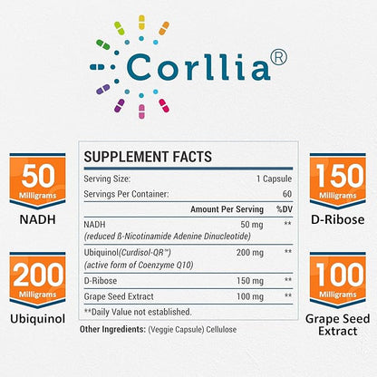 Corlia NADH 50mg + CoQ10 200mg + D-Ribose 150mg Supplement, Enhance NAD+ Supplement for Energy, Fatigue, Reduced Nicotinamide Adenine Dinucleotide, 360 Veggie Capsules