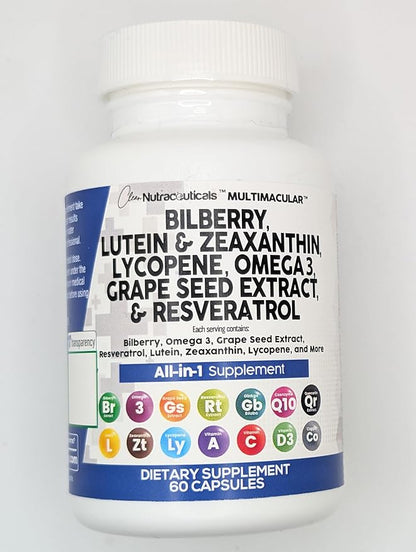 Clean Nutra Eye Vitamins with Bilberry Lutein and Zeaxanthin Supplements Lycopene 40mg Resveratrol Grape Seed Astaxanthin for Eyes - Eye Care Health Support Eye Vitamin and Mineral Supplement