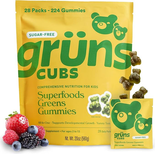 Gruns Kids Vitamins, Super Greens Gummies, Sugar-Free Superfood Gummy Bears With Spirulina, Chlorella, Prebiotics Fiber for Digestive Health, Adaptogens Supplement, 20 Vitamins & Minerals, 28 day Pack