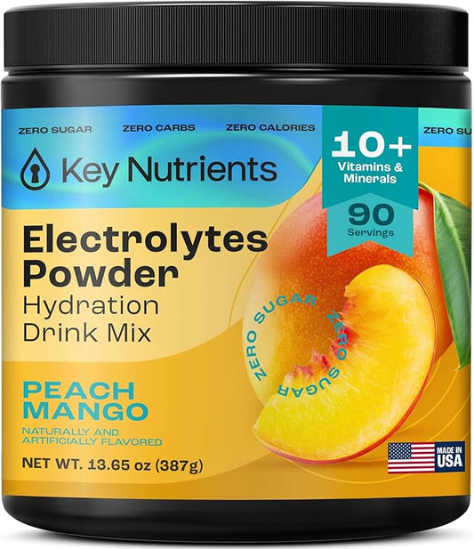 KEY NUTRIENTS Multivitamin Electrolytes Powder No Sugar - Tropical Peach Mango Electrolyte Powder - Endurance & Energy Supplement - Hydration Powder - No Calories - 90 Servings - Made in USA