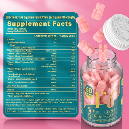 Biotin Gummies -Hair Skin and Nails Vitamins for Men & Women, Vegan Vitamin B7, Supports Hair Growth and Stronger Nails,90 Day Supply-Raspberry-3 Pack