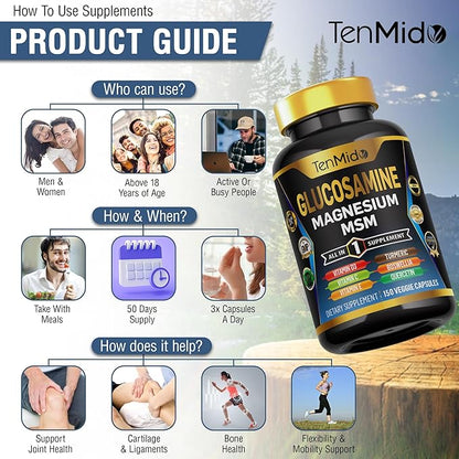 Glucosamine MSM Supplement for Men and Women - 11in1 Formula - Combine with Magnesium, Turmeric, Boswellia, Quercetin, Burdock Root, and More | Joint & Mobility Support - 150 Capsules