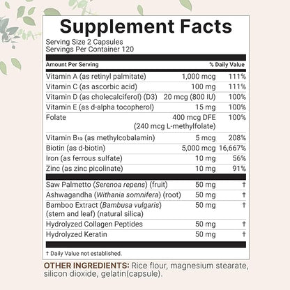 Hair Growth Vitamins Complex, 240 Capsules | 14-in-1 Formula with 5,000mcg Biotin, Collagen, Keratin, Vitamin C, Saw Palmetto, & More | Vitaminas Para El Cabello | Promotes Natural Growth & Thickness