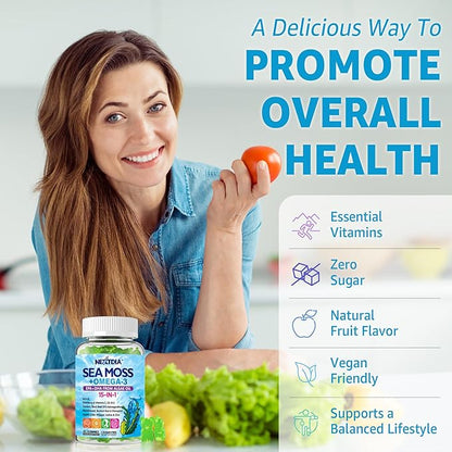 Sea Moss Gummies + Omega-3 Vegan for Man Women, Organic Irish Seamoss Supplement w/Ashwagandha, Turmeric, Elderberry, Vitamins D3 B12 C, Burdock Root, Bladderwrack, for Brain, Energy, Immunty, 120Cts