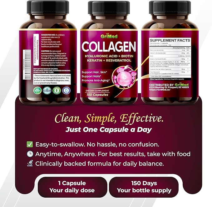 GriMed Organic Collagen 6,419 mg with Hyaluronic Acid, Biotin, Keratin, Resveratrol Hair Skin, Nails Vitamins - Made in The USA (90 Count (Pack of 1))