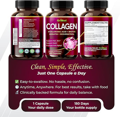 GriMed Organic Collagen 6,419 mg with Hyaluronic Acid, Biotin, Keratin, Resveratrol Hair Skin, Nails Vitamins - Made in The USA (90 Count (Pack of 1))