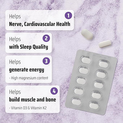 YDY Chelated Magnesium with K2 - Magnesium 200mg, Vitamin D3 25mcg, K2 100mcg - High Absorption, Supports Muscle, Bone, Nerve, Sleep - 60 Tablets