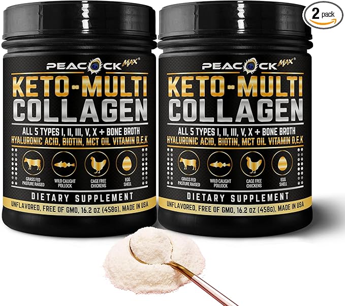 Keto Multi Collagen Peptides 16.2 oz, Pack of 2 - Bone Broth Protein Powder, 5 Types Hydrolyzed Collagen, MCT Oil, Unflavored Protein Powder for Joint, Skin, Hair & Gut Health