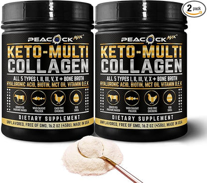 Keto Multi Collagen Peptides 16.2 oz, Pack of 2 - Bone Broth Protein Powder, 5 Types Hydrolyzed Collagen, MCT Oil, Unflavored Protein Powder for Joint, Skin, Hair & Gut Health