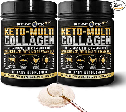 Keto Multi Collagen Peptides 16.2 oz, Pack of 2 - Bone Broth Protein Powder, 5 Types Hydrolyzed Collagen, MCT Oil, Unflavored Protein Powder for Joint, Skin, Hair & Gut Health