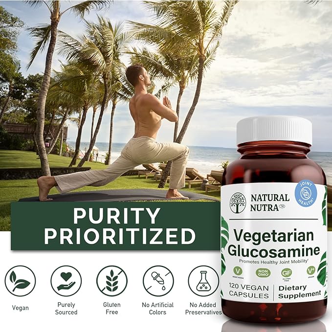 Natural Nutra Vegan and Vegetarian Glucosamine Hydrochloride for Men and Women, Kosher, Shellfish Free, Plant Based, Joint Support Supplement, Helps Joints Health & Mucles Gristle, 750mg, 120 Capsules
